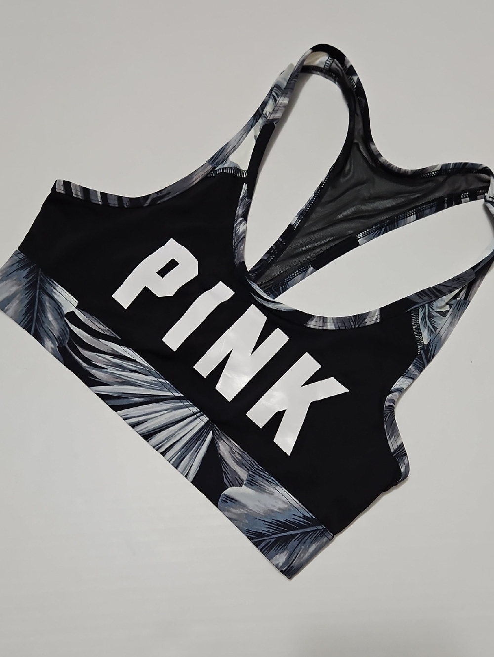 Victoria's Secret PINK Black Sports Bra Padless Crop  with Gray Palm Trim Size S